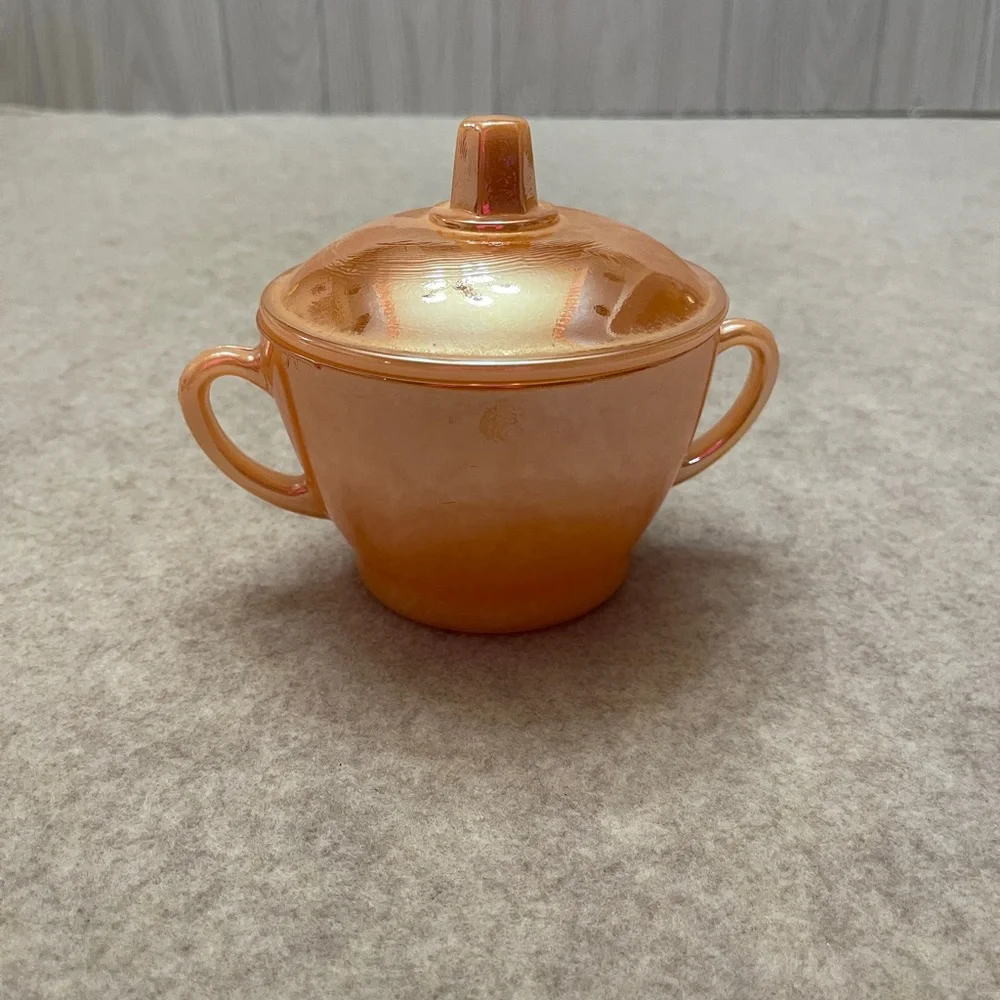 Vintage Termocrisa Peach Luster Iridescent Carnival Glass Sugar Bowl with Lid